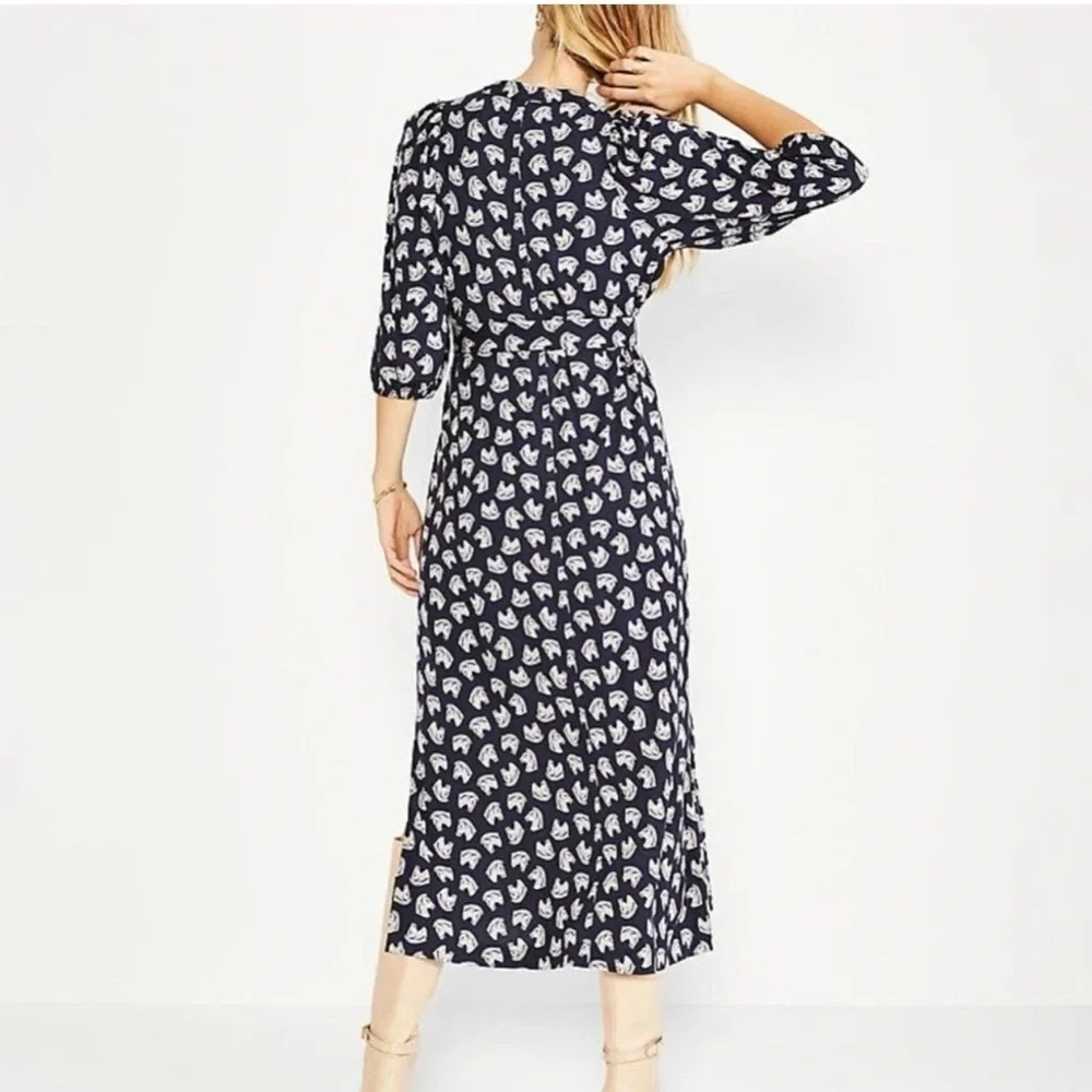 Ann Taylor 4P Midi Dress Navy White Horse Chess Modal Stretch Jersey Slit Women - Picture 2 of 8
